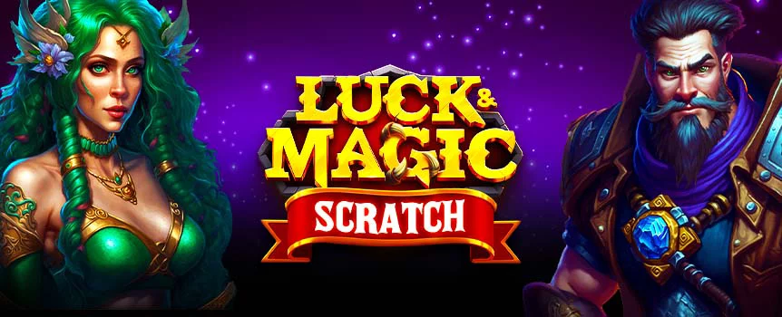Explore the magical realm with Luck & Magic Scratch at Cafe Casino, a game featuring mystical character cards, match-3 wins, and stunning fantasy graphics.