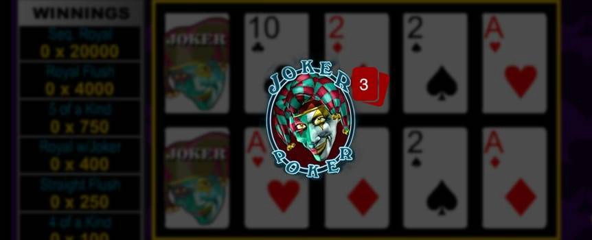 In this game of draw poker, jokers are wild cards and can be used to build winning hands. Start with a hand of five cards, and select which ones you want to keep. Discard the rest and replace them with new ones by hitting draw. A pair of Kings is the minimal hand needed to win a payout, and if you do win, you'll get the opportunity to proceed to a Double or Nothing Round. Face off with the dealer, who will pick a card and reveal it to you. Simply select a card of higher value from the four facedown cards on the screen, and you'll be on your way to doubling your winnings.