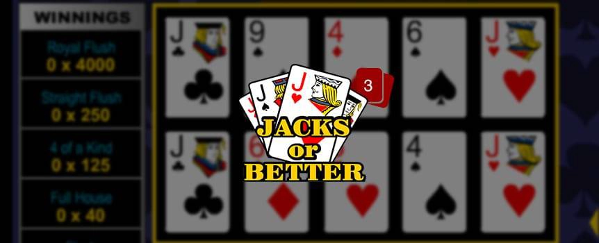 In this game of Draw Poker, your goal is, as the name suggests, to get a pair of Jacks or Better. Get dealt a hand of five cards, and choose which ones you want to keep. Hit "draw" and replace the unwanted cards with fresh new ones. Bet between one and five coins for each hand, but keep in mind the more you bet, the higher your payouts will be. Bet five coins on a Royal Flush, and pocket a cool 4,000 coins. See the paytable on the game screen for further details.