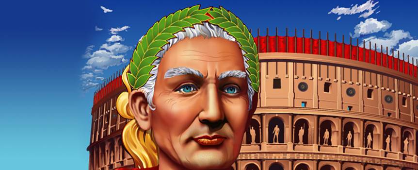Command your inner strength and take center stage in this adventurous 5-reel, 20-line slot game. Fortune is stowed away in Caesar's massive coliseum, waiting to be claimed by a worthy foe. Bravery is rewarded with big payouts here, so hold your chin up high and push your shoulders back as you battle your way through Caesar's Empire. Arm yourself with a shield and sword if you accept the venture. Treasures, bowls of fruit and heaps of gold coins are on the line, so make like a great Roman Emperor and conquer new reels.