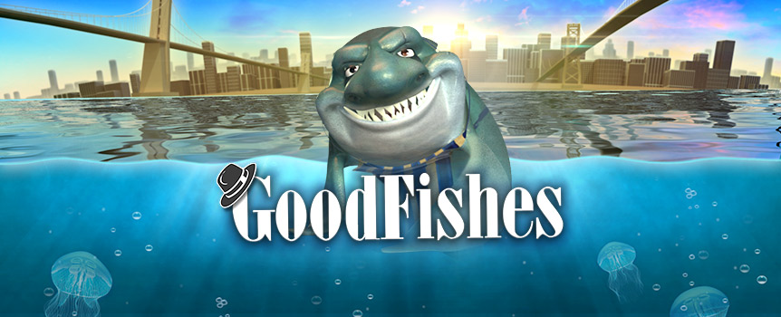 In this 5-reel, 30-line slot, fish are mobsters who rule the river surrounding Manhattan. They may be called GoodFishes, but make no mistake — they’re out for blood. Land three of Frankie’s Bonus scatter symbols, and you’ll be brought to a second screen bonus round where a fishmonger shark named Frankie will greet you at his butcher shop. Three fish, no doubt rivals of Frankie’s gang, will be hanging from the rafters. Pick a fish to collect one of six prizes: free spins, sticky wilds, all ways pay, and more. There’s never a dull moment when Frankie’s around.