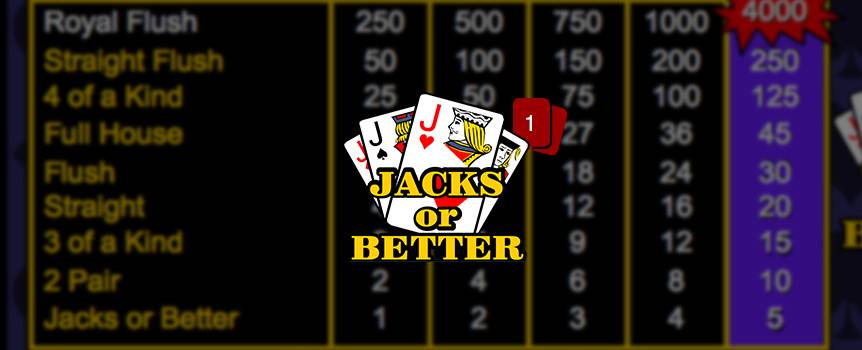 In this game of Draw Poker, your goal is, as the name suggests, to get a pair of Jacks or Better. Get dealt a hand of five cards, and choose which ones you want to keep. Hit "draw" and replace the unwanted cards with fresh new ones. Bet between one and five coins for each hand, but keep in mind the more you bet, the higher your payouts will be. Bet five coins on a Royal Flush, and pocket a cool 4,000 coins. See the paytable on the game screen for further details.